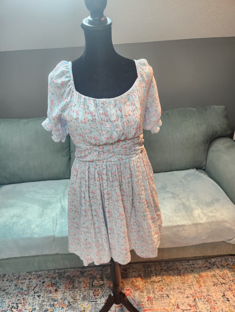 Rare Editions Light Blue & Pink Floral Puff-Sleeve Womens Romper Small